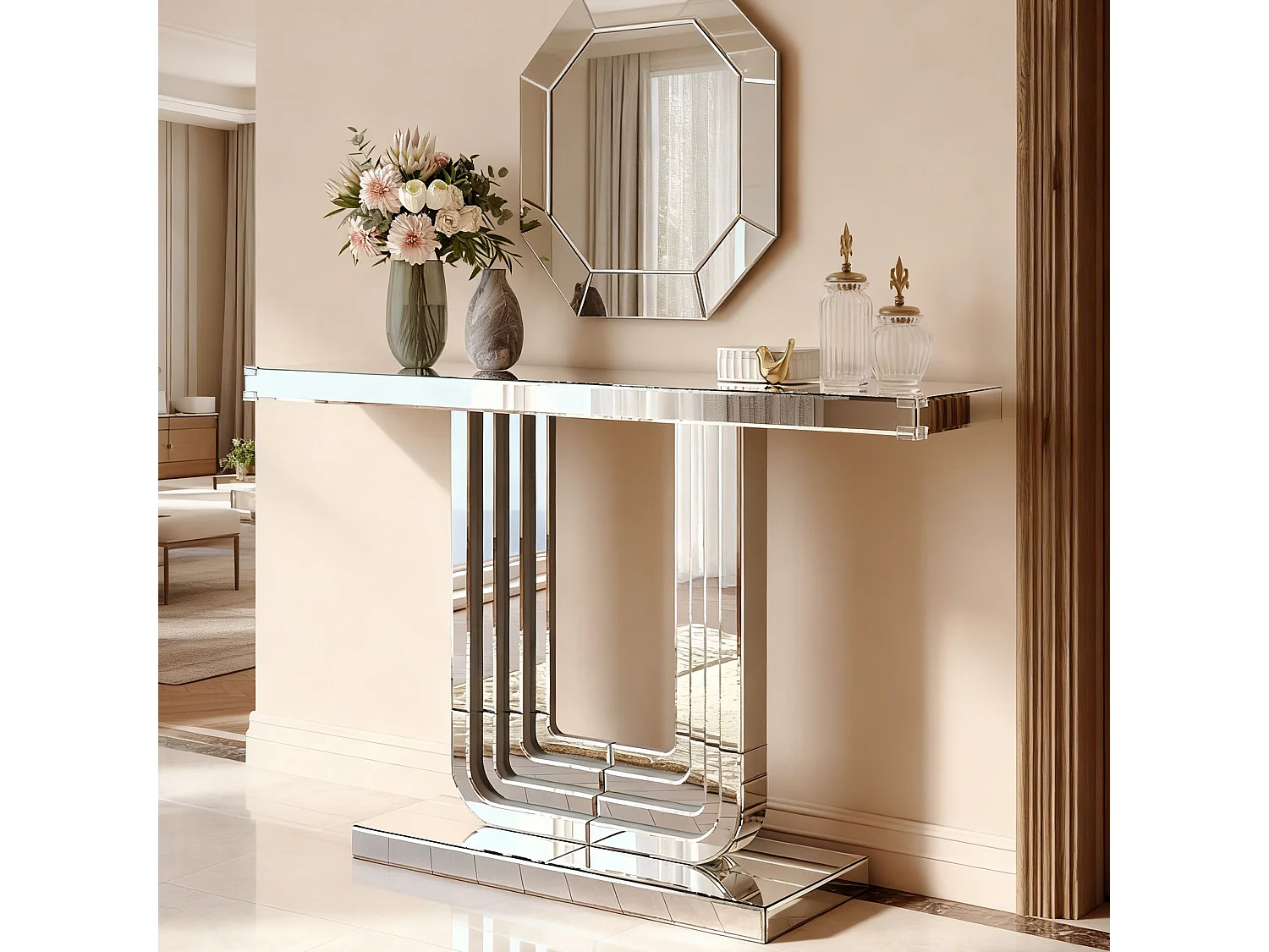 Console d'entrée 120 cm en verre argenté et MDF - Socle de forme en U