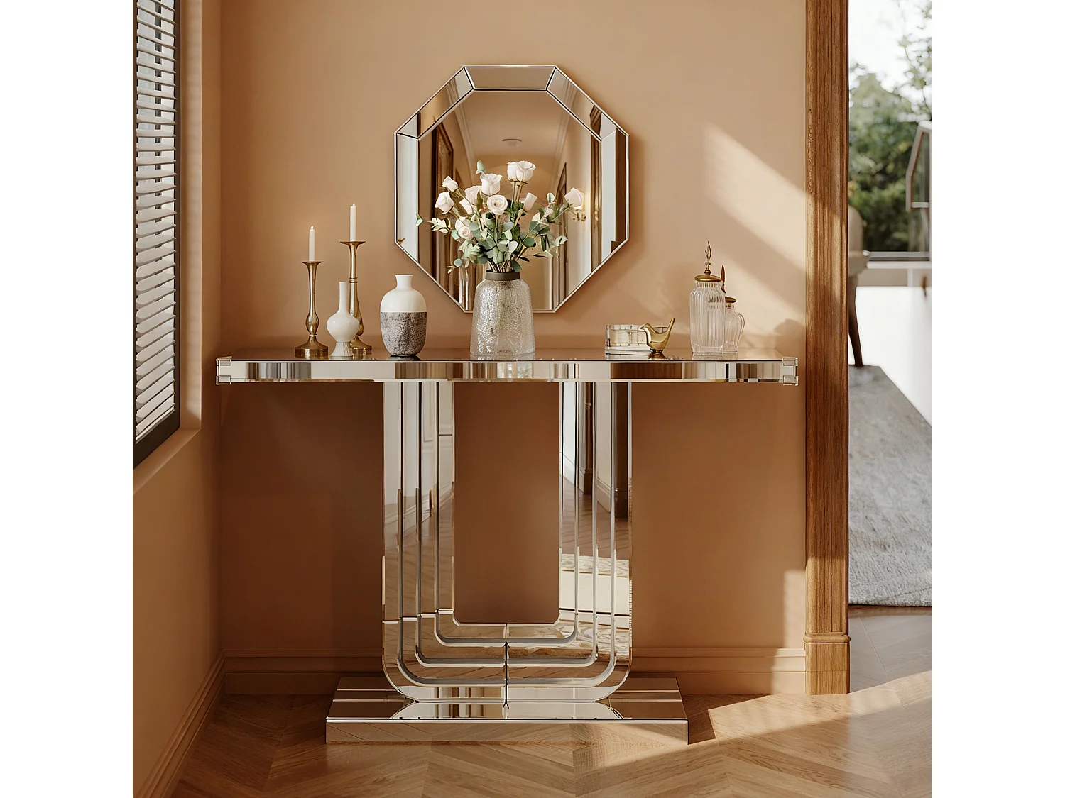 Console d'entrée 120 cm en verre argenté et MDF - Socle de forme en U