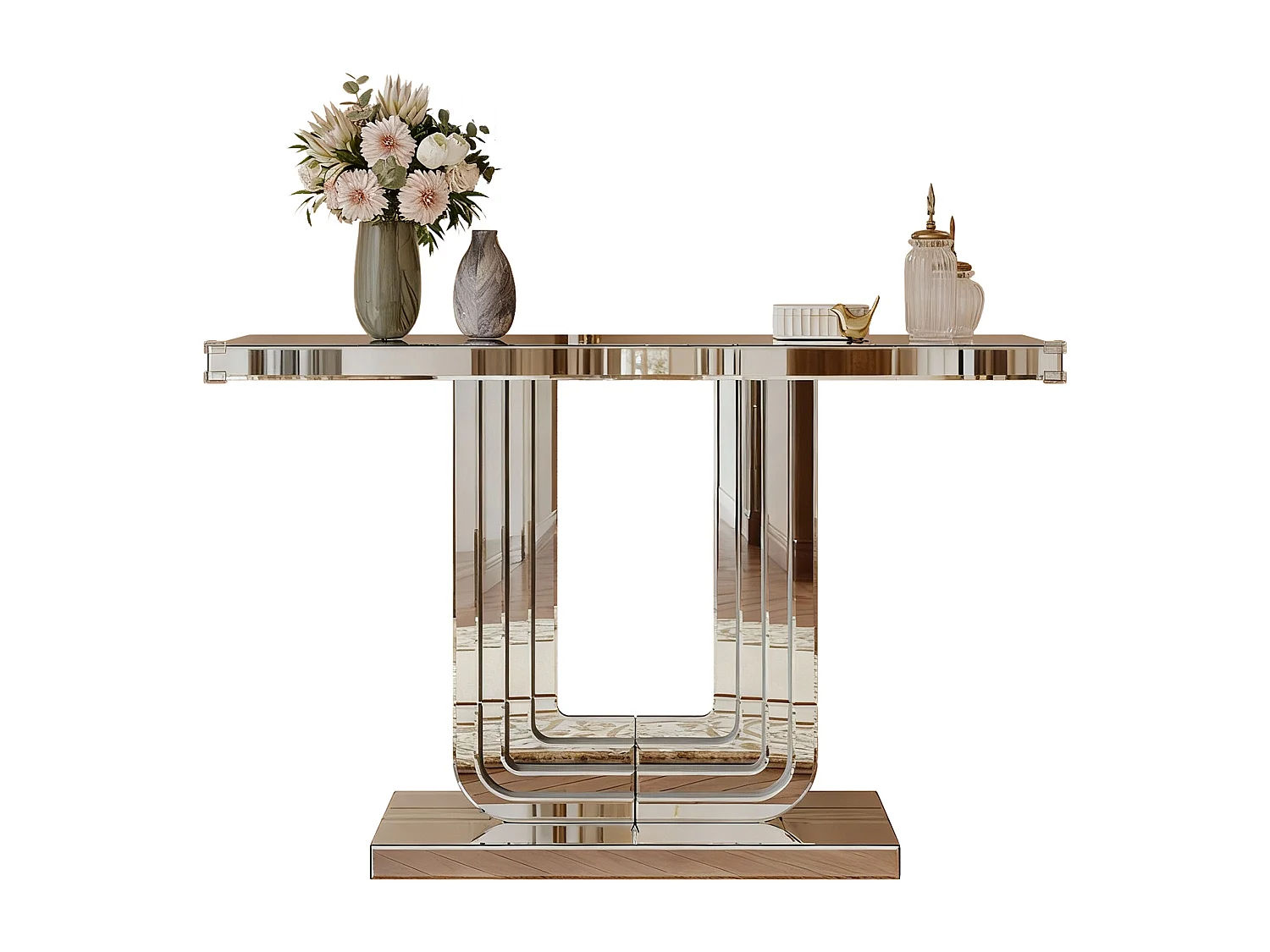 Console d'entrée 120 cm en verre argenté et MDF - Socle de forme en U