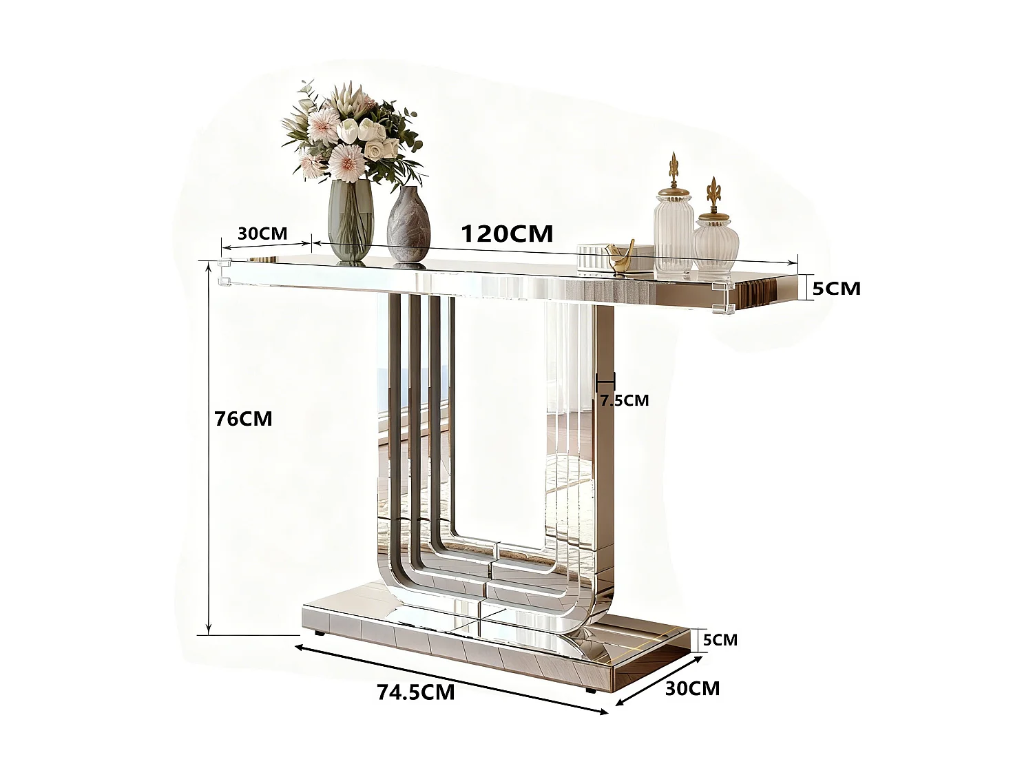 Console d'entrée 120 cm en verre argenté et MDF - Socle de forme en U