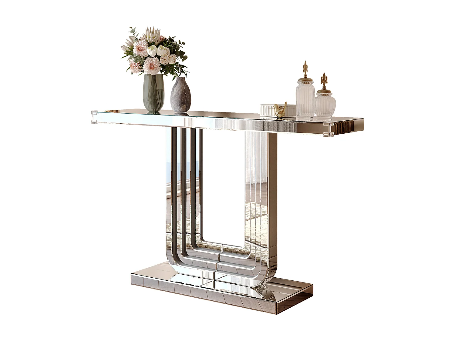 Console d'entrée 120 cm en verre argenté et MDF - Socle de forme en U