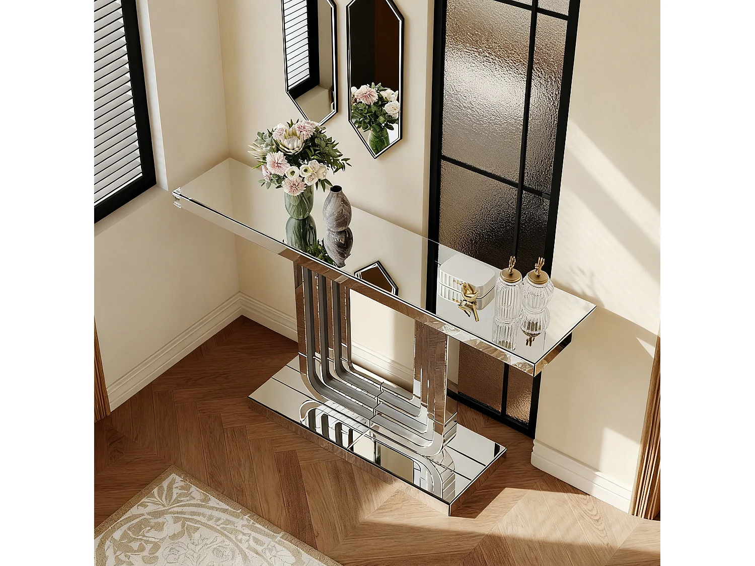 Console d'entrée 120 cm en verre argenté et MDF - Socle de forme en U