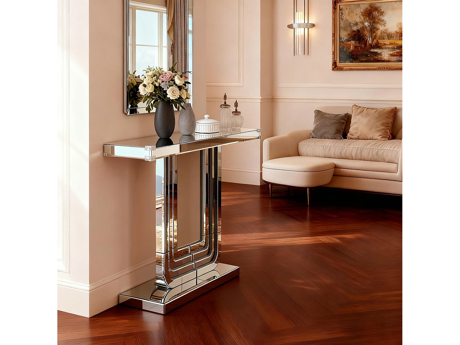 Console d'entrée 120 cm en verre argenté et MDF - Socle de forme en U