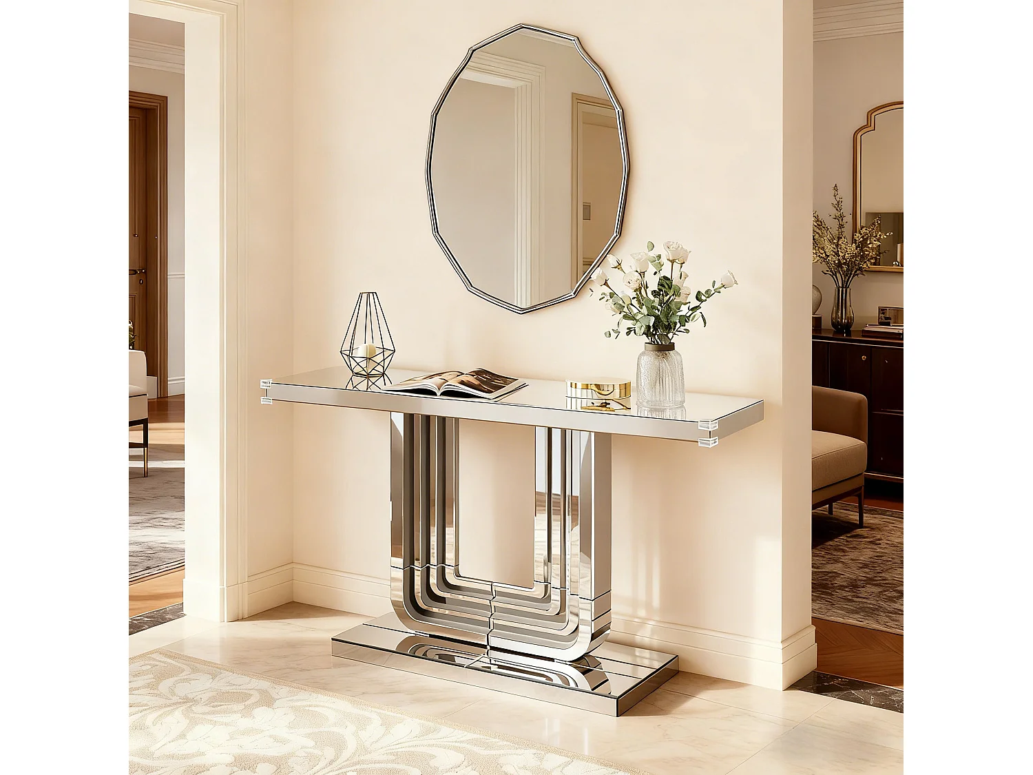 Console d'entrée 120 cm en verre argenté et MDF - Socle de forme en U