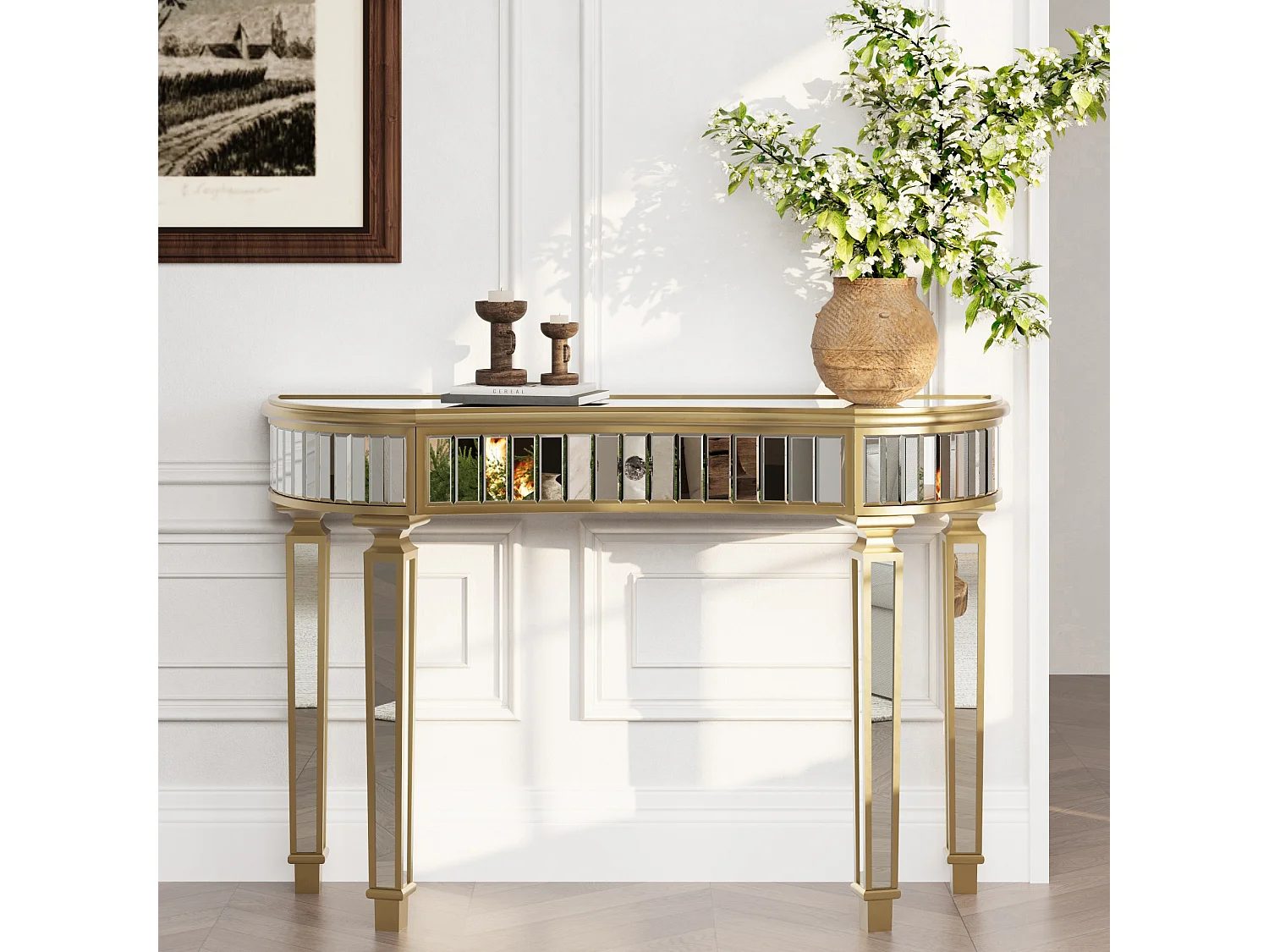 Console avec tiroir - Verre à finition dorée et argenté - Pour chambre, dressing et salon