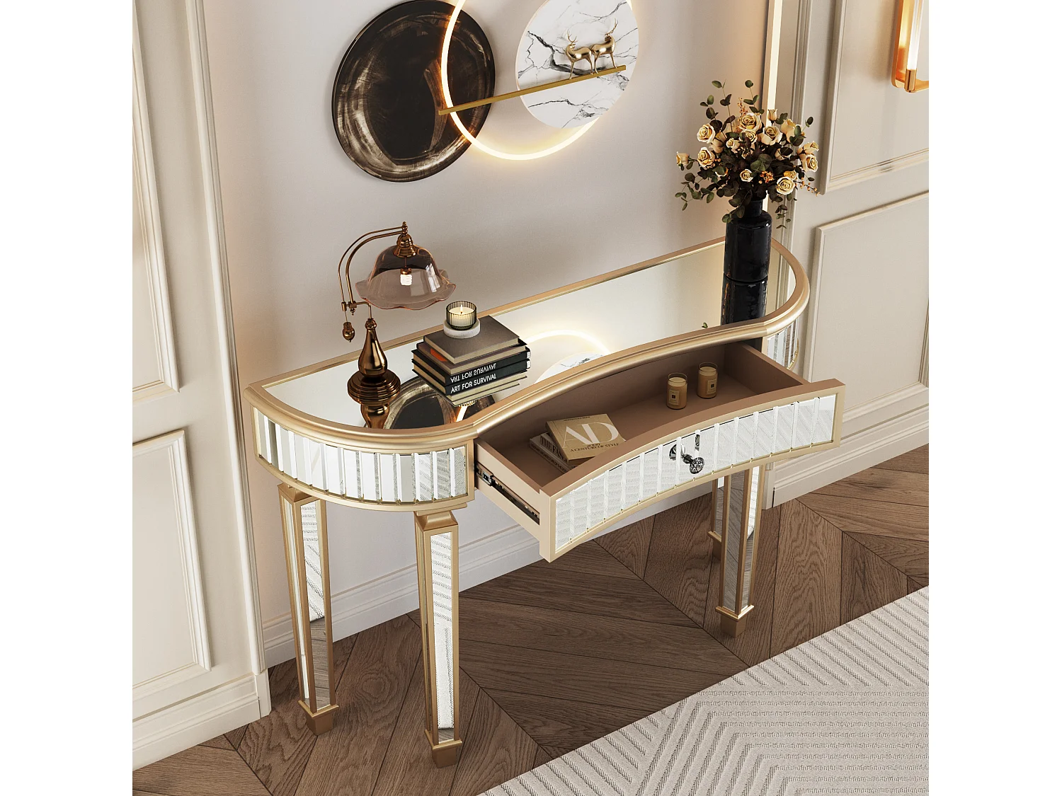 Console avec tiroir - Verre à finition dorée et argenté - Pour chambre, dressing et salon