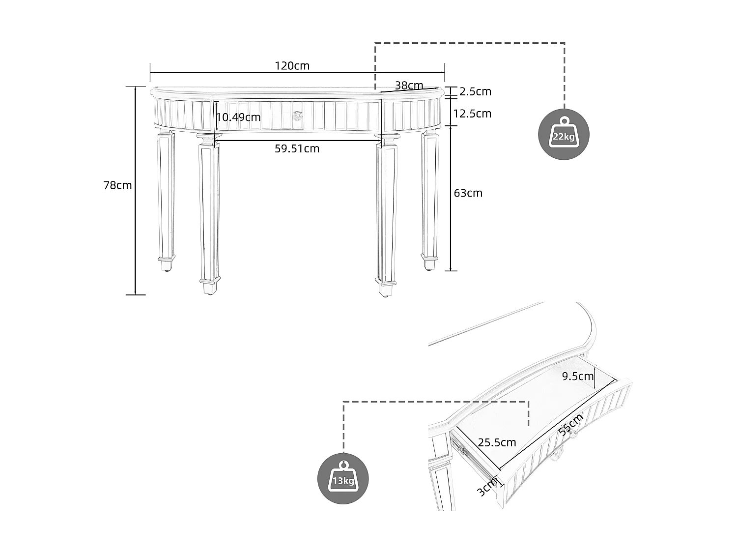 Console avec tiroir - Verre à finition dorée et argenté - Pour chambre, dressing et salon