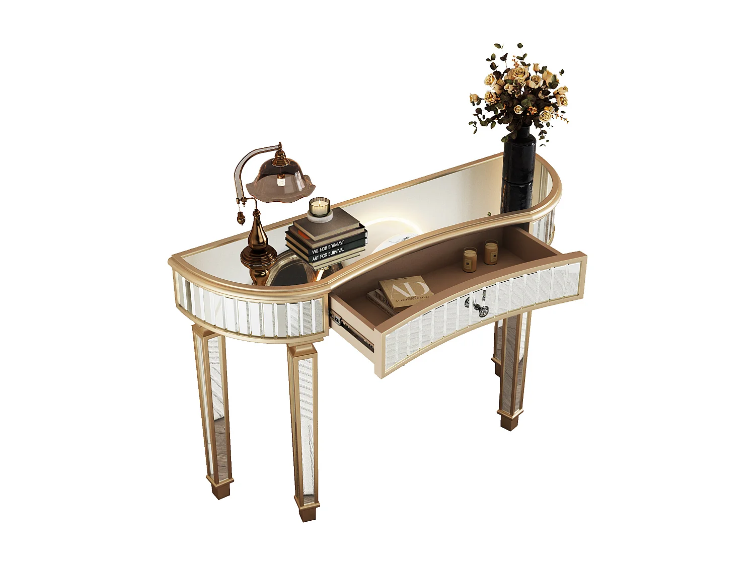 Console avec tiroir - Verre à finition dorée et argenté - Pour chambre, dressing et salon