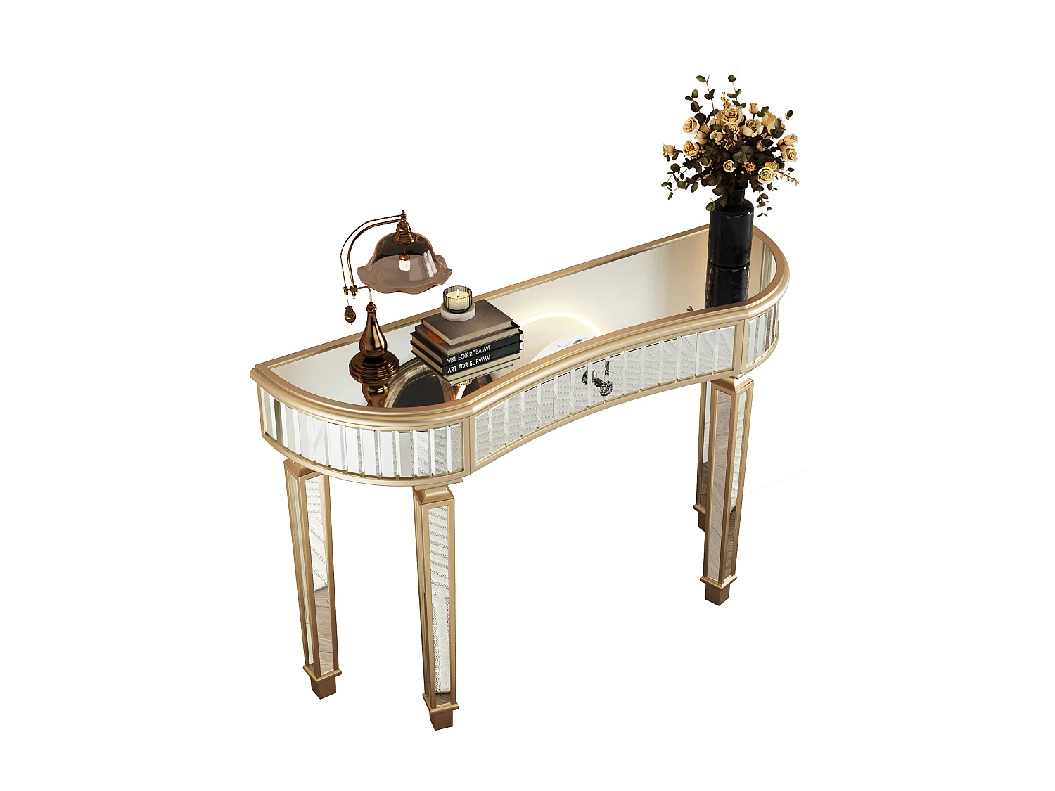 Console avec tiroir - Verre à finition dorée et argenté - Pour chambre, dressing et salon