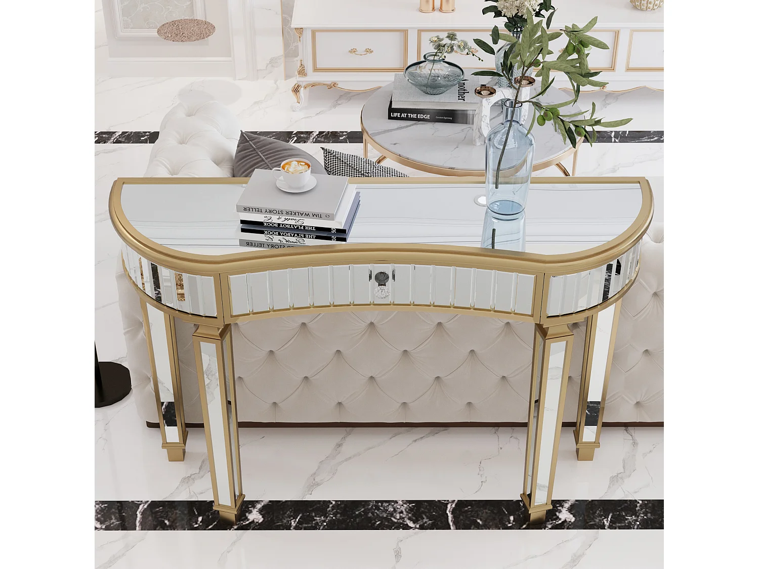Console avec tiroir - Verre à finition dorée et argenté - Pour chambre, dressing et salon