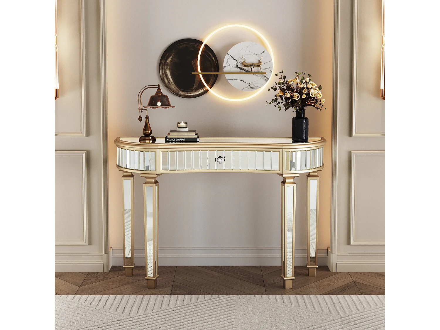 Console avec tiroir - Verre à finition dorée et argenté - Pour chambre, dressing et salon