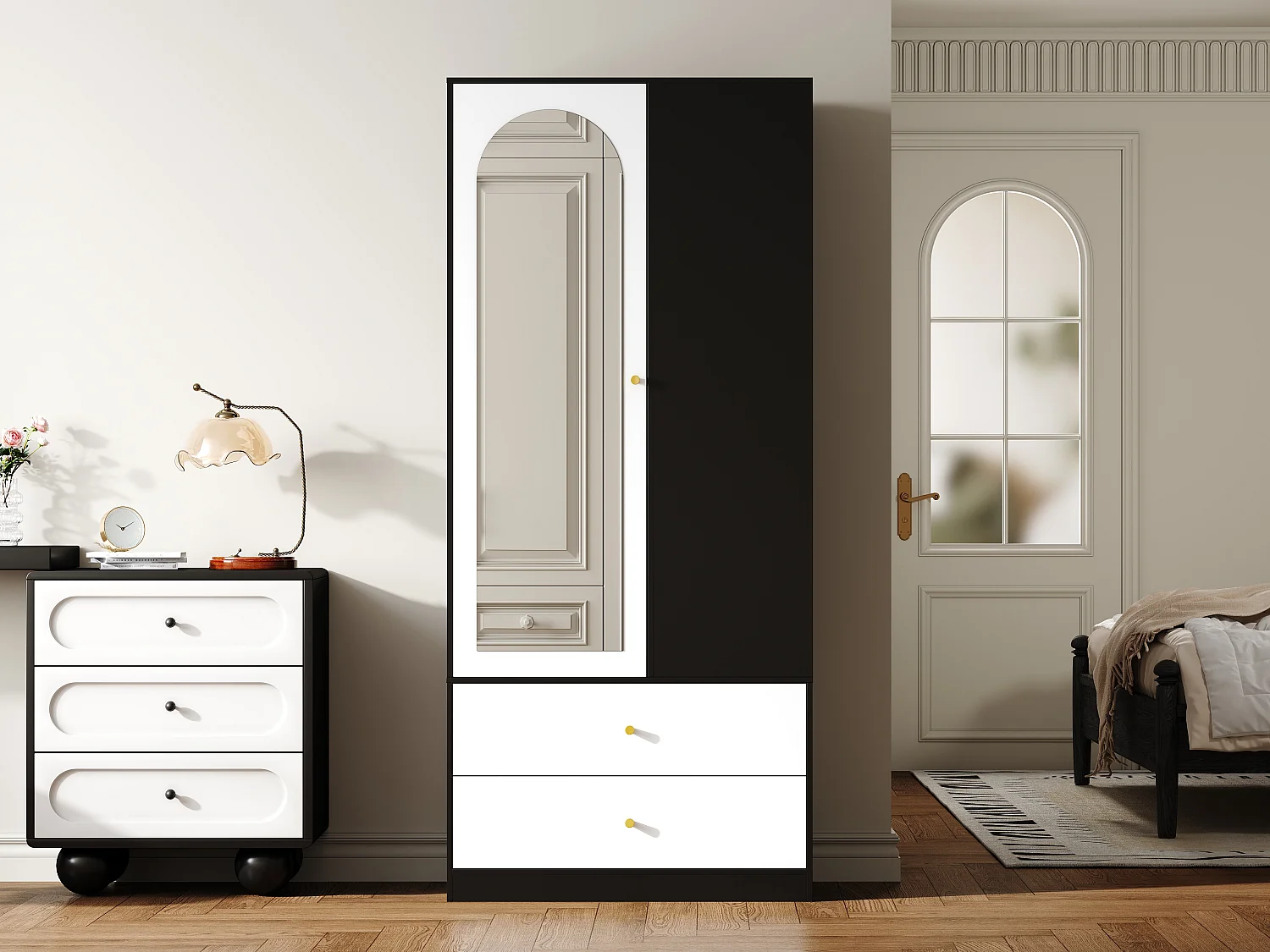 Armoire 80x40x180 cm avec miroir, 2 tiroirs, 4 compartiments ouverts - Blanc et noir
