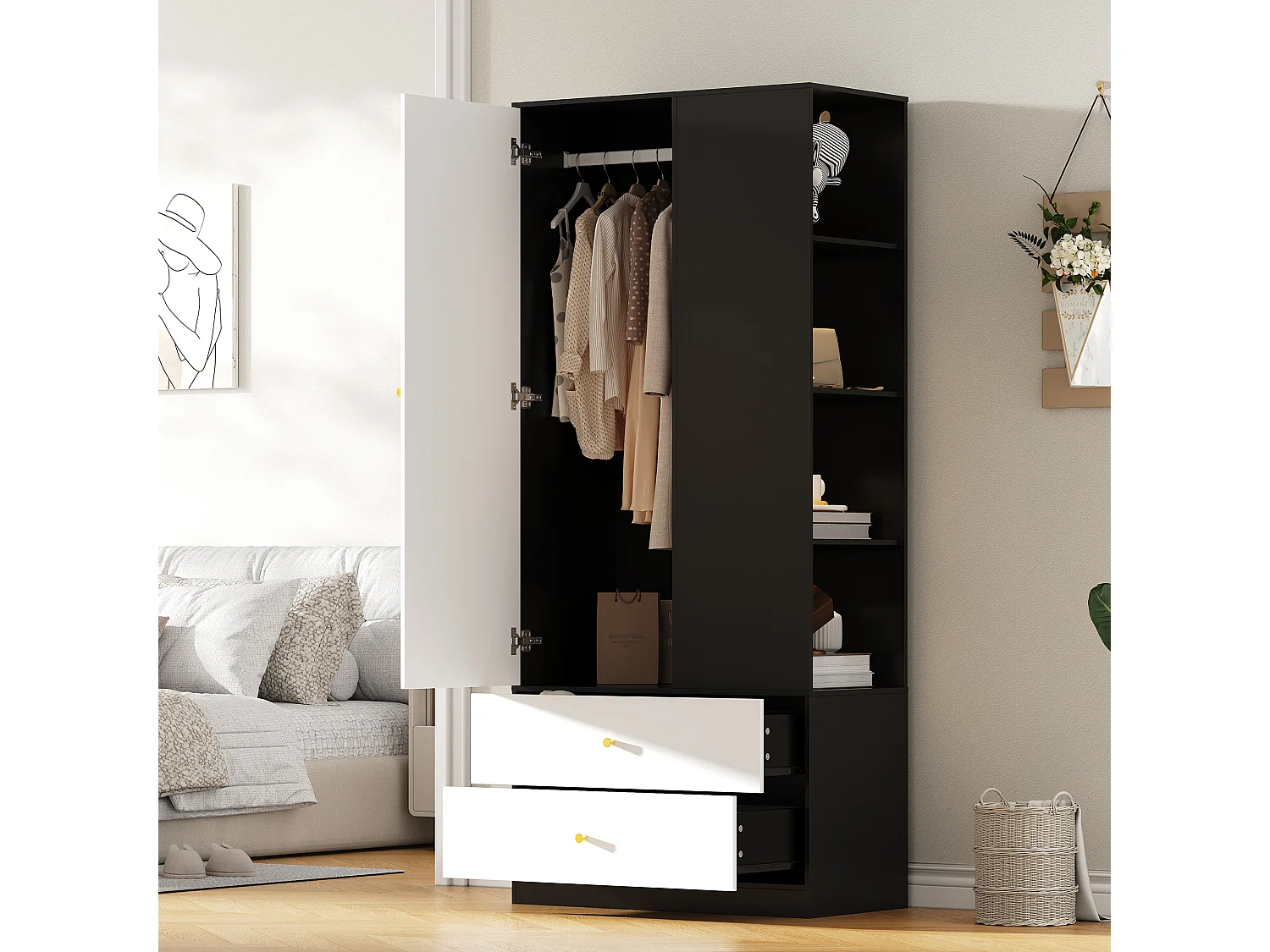 Armoire 80x40x180 cm avec miroir, 2 tiroirs, 4 compartiments ouverts - Blanc et noir