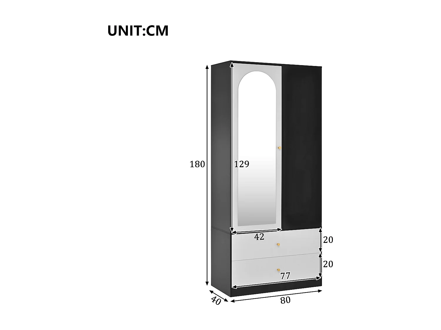 Armoire 80x40x180 cm avec miroir, 2 tiroirs, 4 compartiments ouverts - Blanc et noir