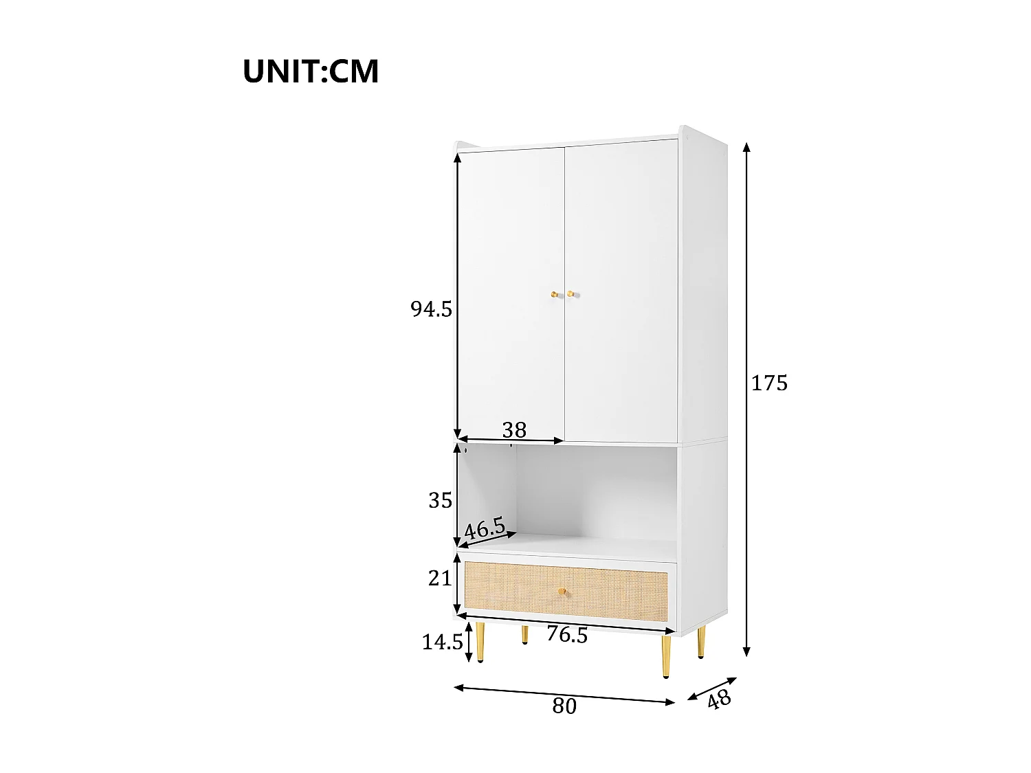 Armario con 2 puertas, compartimento abierto y cajón - Blanco y madera
