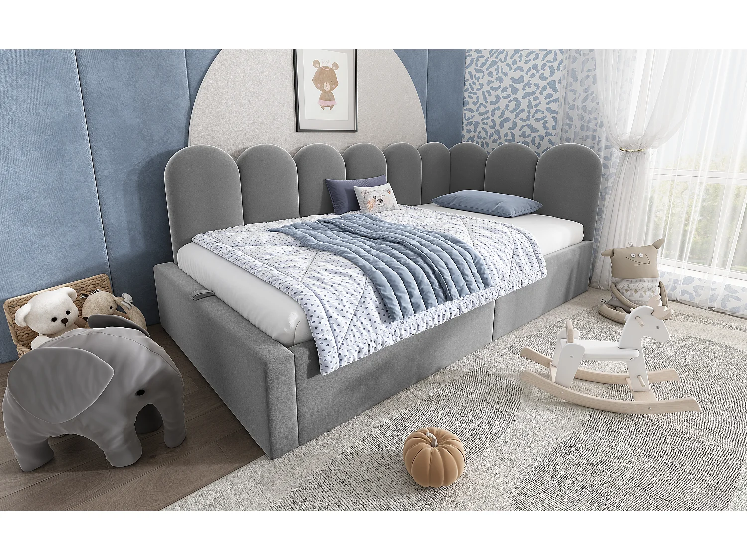 Cama con almacenaje de 90x200 cm en terciopelo gris - Somier de láminas metálicas