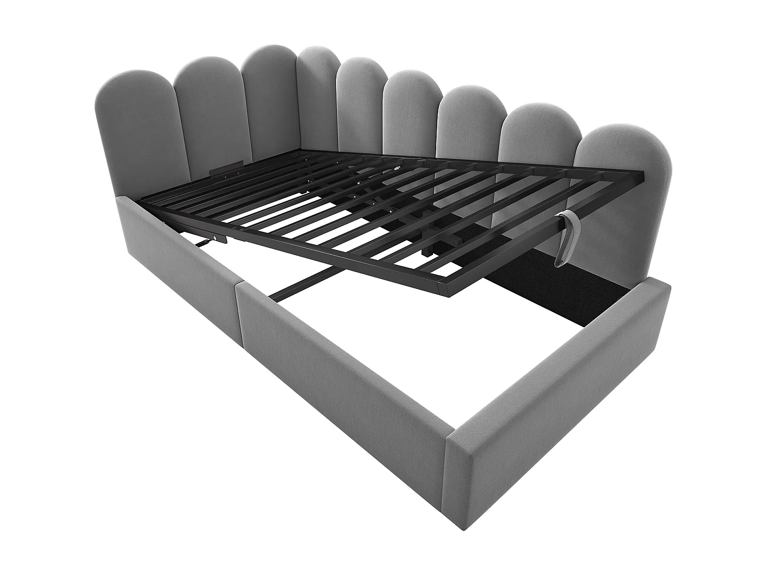 Cama con almacenaje de 90x200 cm en terciopelo gris - Somier de láminas metálicas