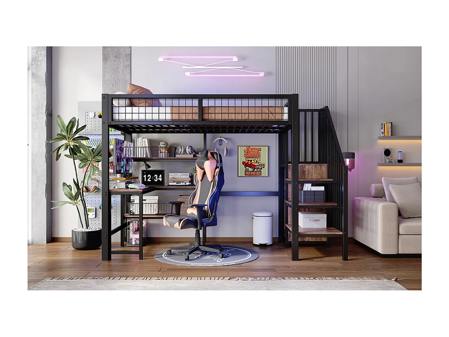 Lit mezzanine enfant 90x200 cm avec bureau, escalier et étagères - Métal et bois - Noir et marron