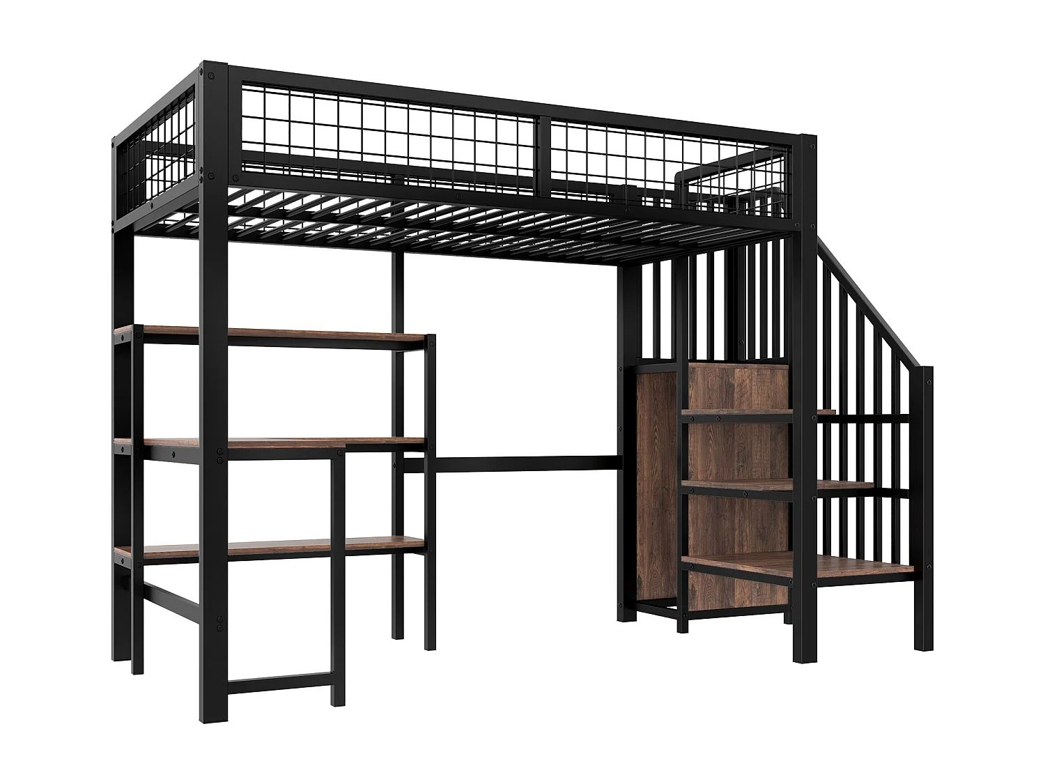 Lit mezzanine enfant 90x200 cm avec bureau, escalier et étagères - Métal et bois - Noir et marron