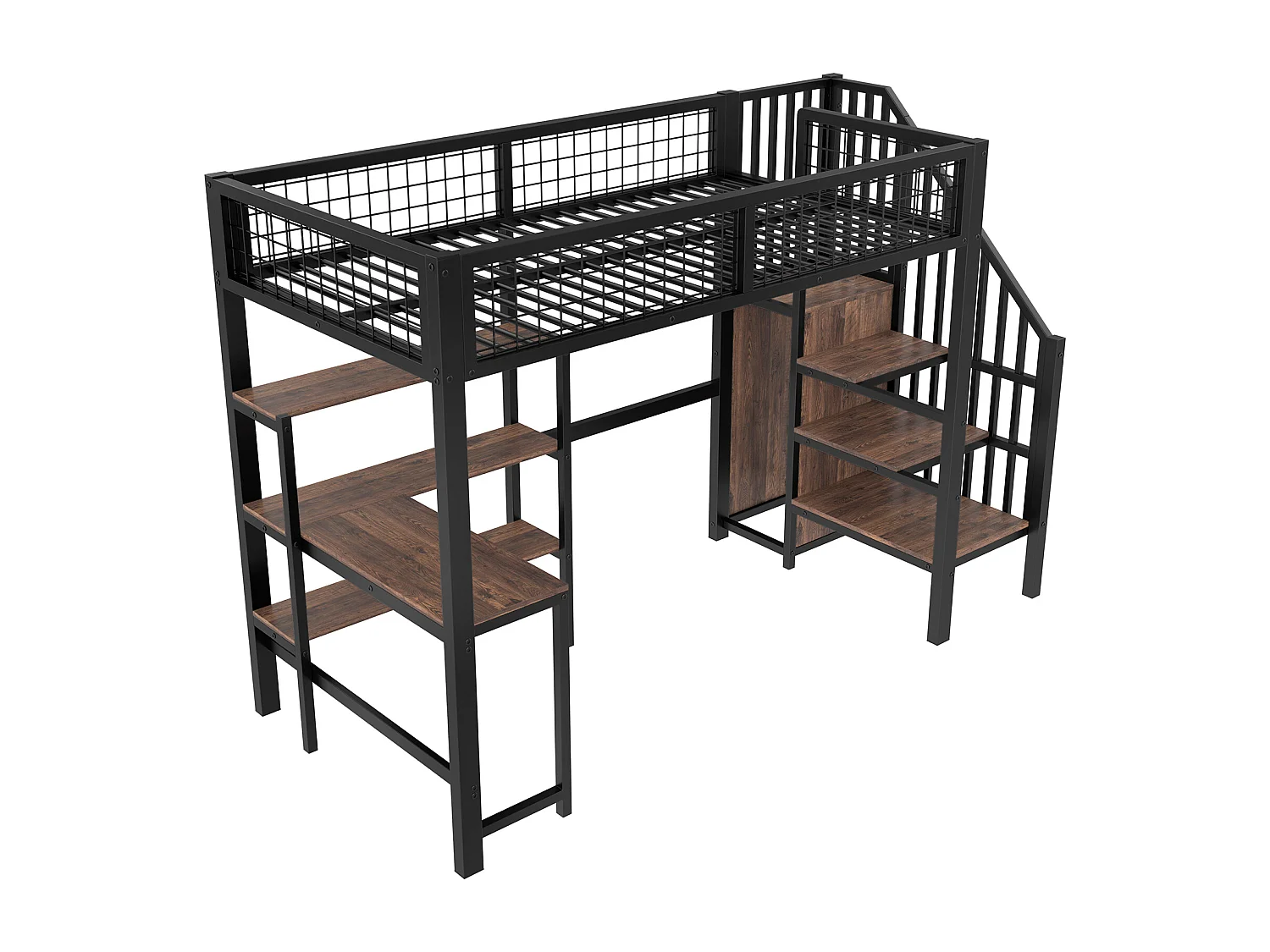 Lit mezzanine enfant 90x200 cm avec bureau, escalier et étagères - Métal et bois - Noir et marron