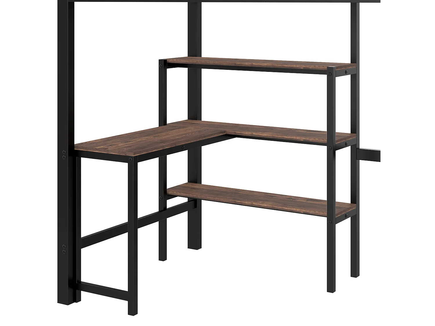 Lit mezzanine enfant 90x200 cm avec bureau, escalier et étagères - Métal et bois - Noir et marron