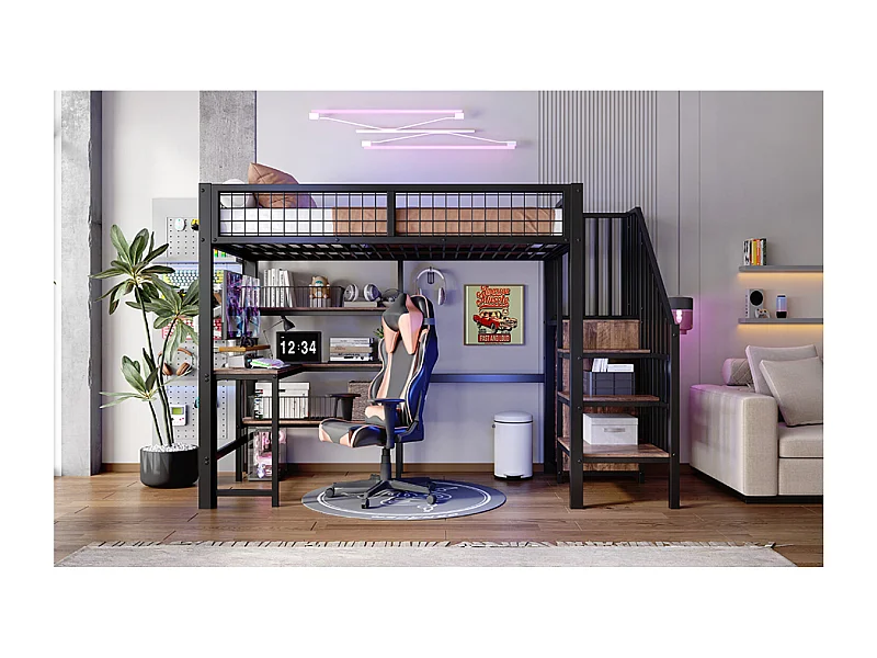 Lit mezzanine enfant 90x200 cm avec bureau, escalier et étagères - Métal et bois - Noir et marron