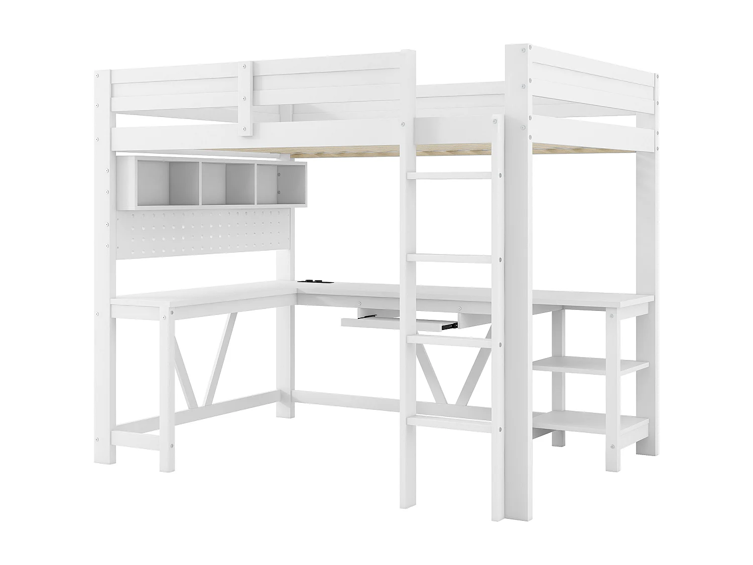 Lit mezzanine en bois 90 x 200 cm avec bureau, rangement, LED et station de recharge - Blanc