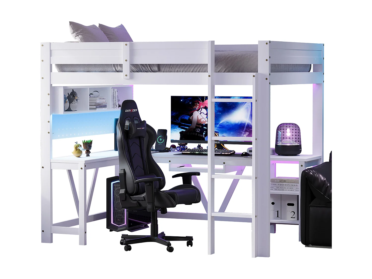 Lit mezzanine en bois 90 x 200 cm avec bureau, rangement, LED et station de recharge - Blanc