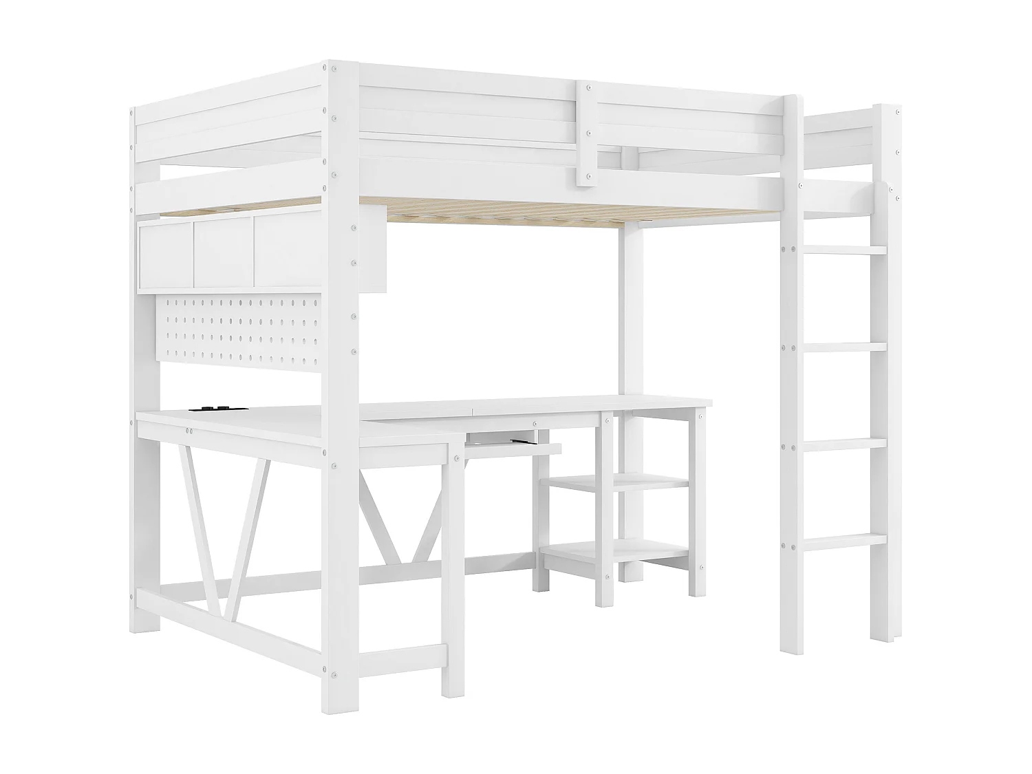 Lit mezzanine en bois 90 x 200 cm avec bureau, rangement, LED et station de recharge - Blanc