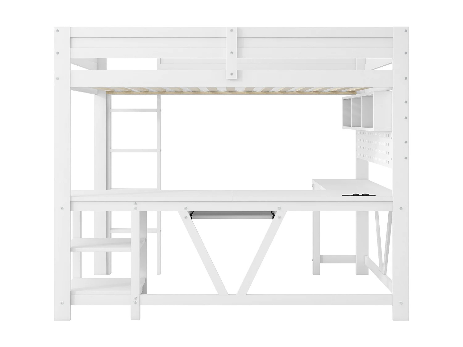 Lit mezzanine en bois 90 x 200 cm avec bureau, rangement, LED et station de recharge - Blanc