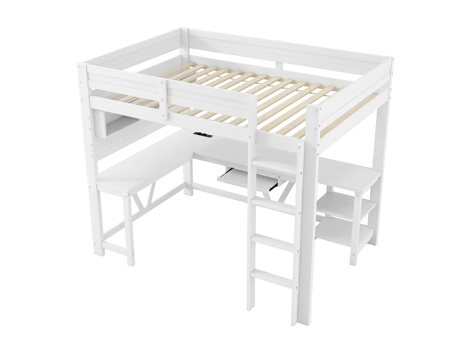 Lit mezzanine en bois 90 x 200 cm avec bureau, rangement, LED et station de recharge - Blanc