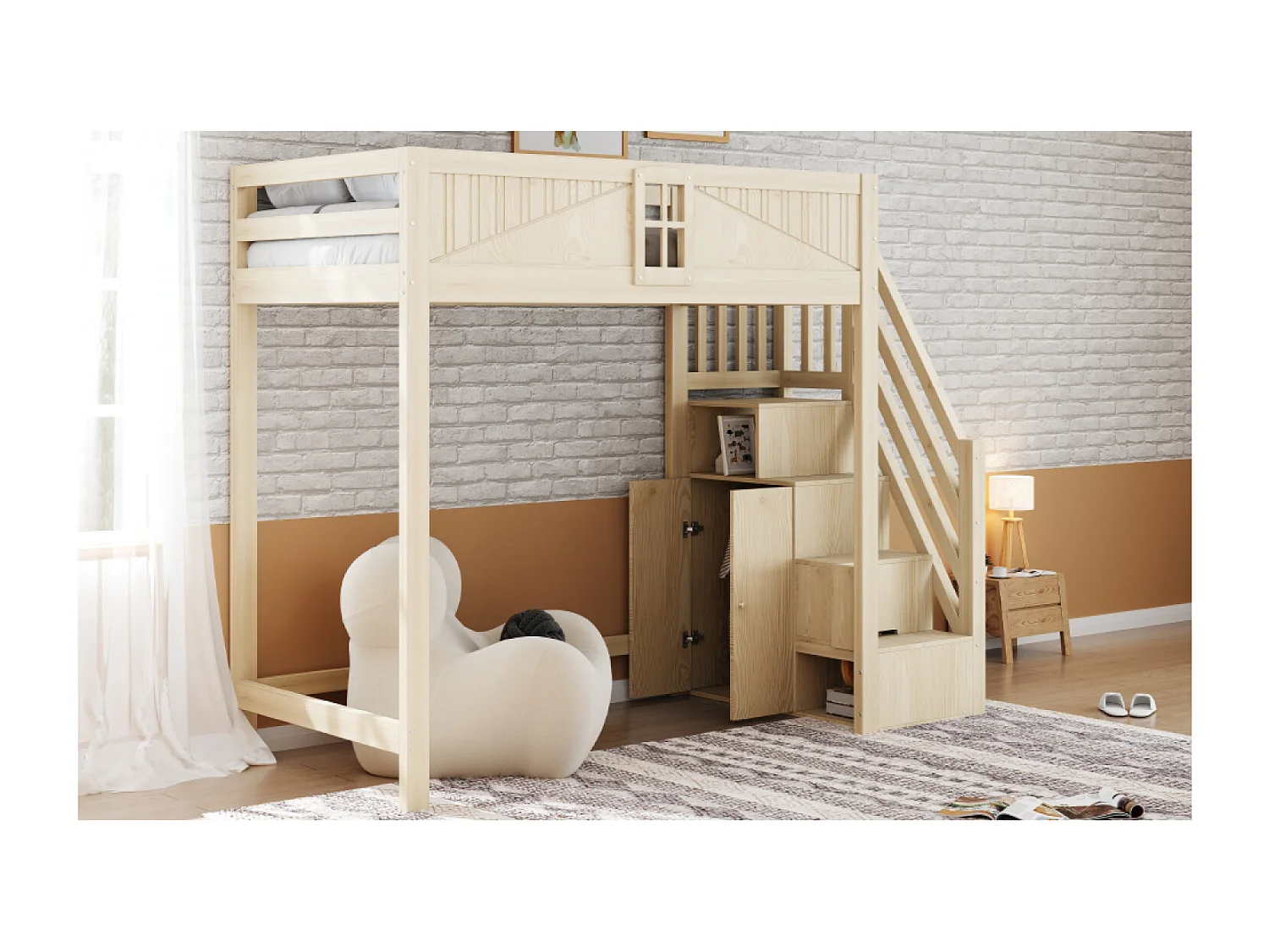 Lit mezzanine en bois 90 x 200 cm avec rangement - Lit enfant en coleur bois