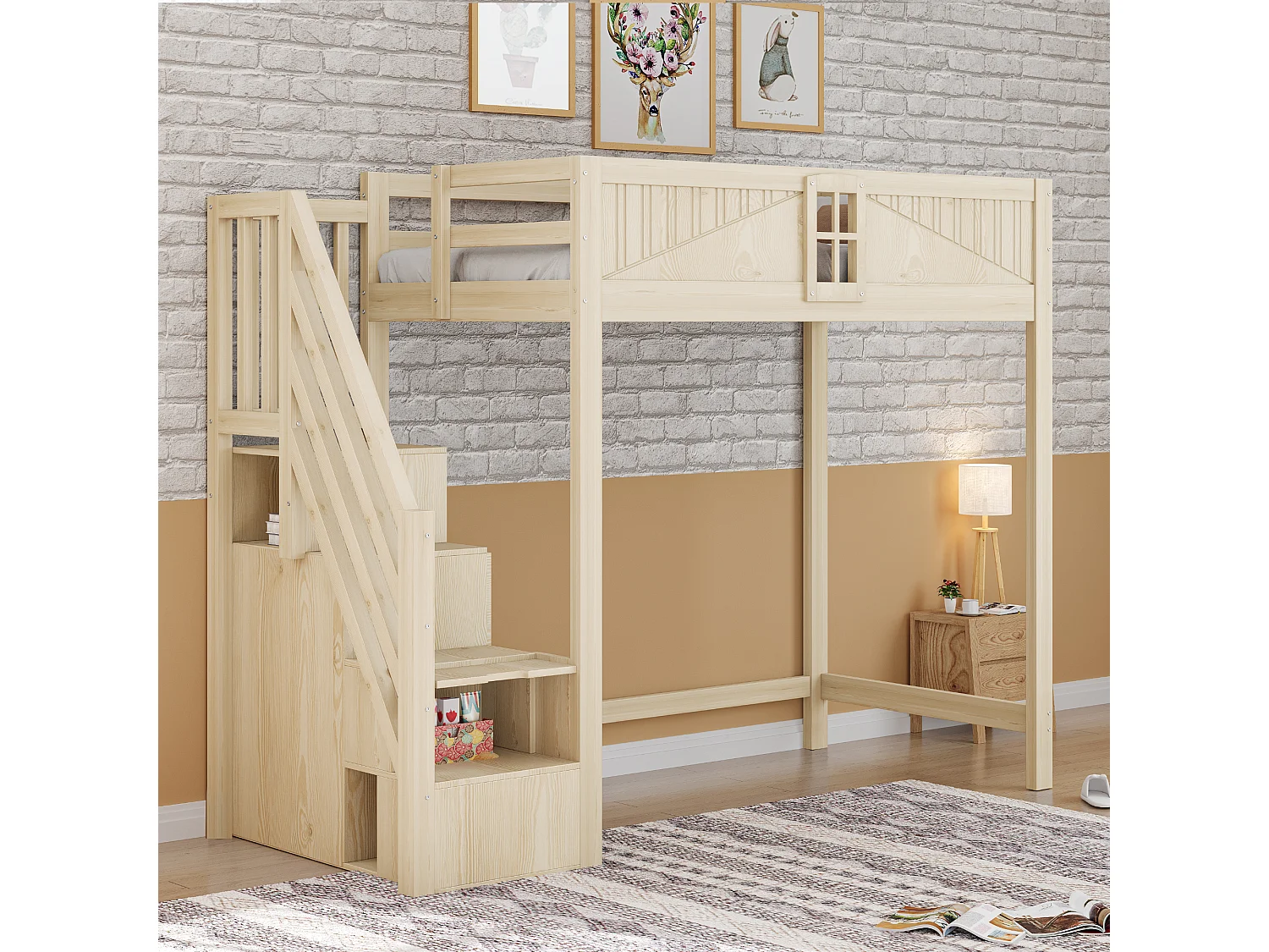 Lit mezzanine en bois 90 x 200 cm avec rangement - Lit enfant en coleur bois