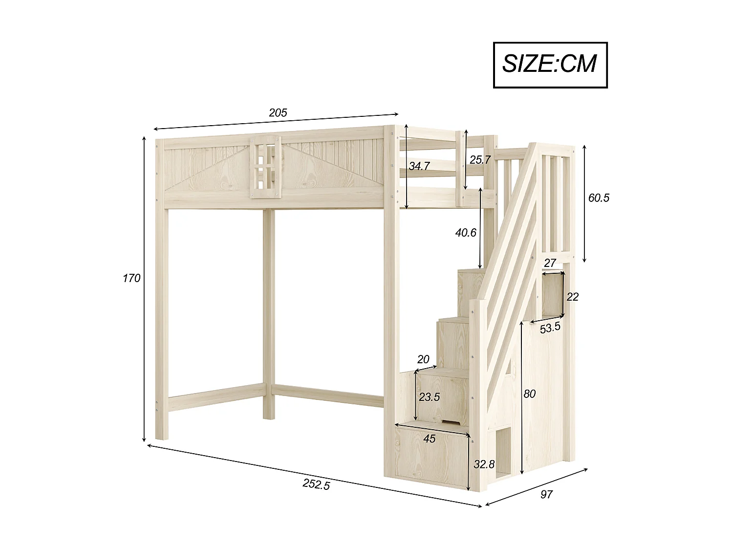 Lit mezzanine en bois 90 x 200 cm avec rangement - Lit enfant en coleur bois