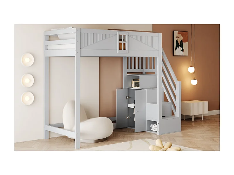 Lit mezzanine en bois 90 x 200 cm avec rangement - Lit enfant en coleur gris