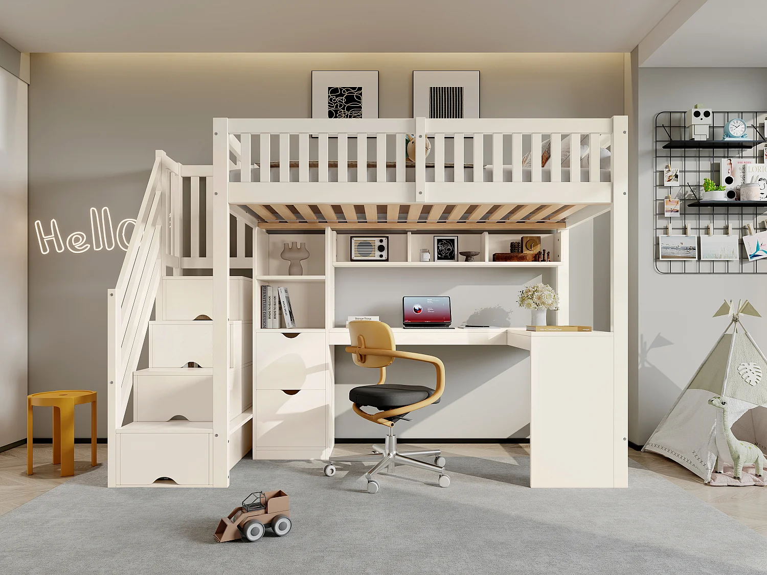 Lit mezzanine enfant 90x200 cm avec bureau d’angle, escalier de rangement et tiroirs - Blanc