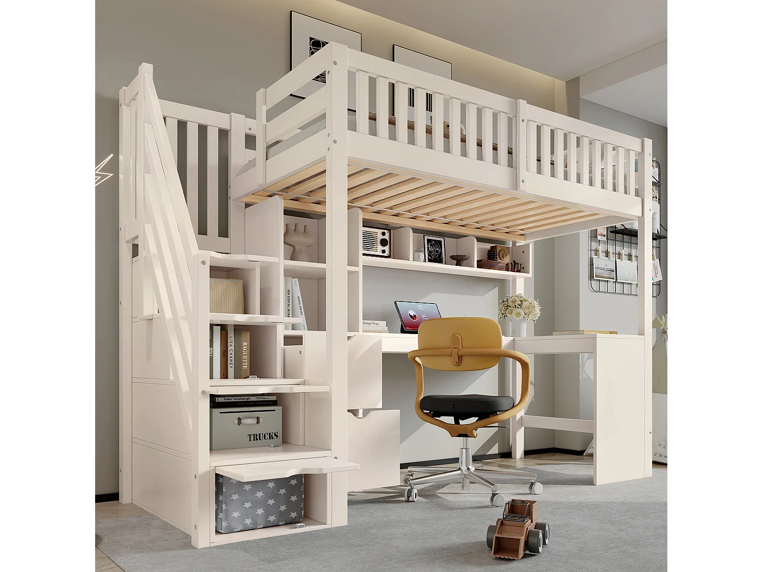Lit mezzanine enfant 90x200 cm avec bureau d’angle, escalier de rangement et tiroirs - Blanc