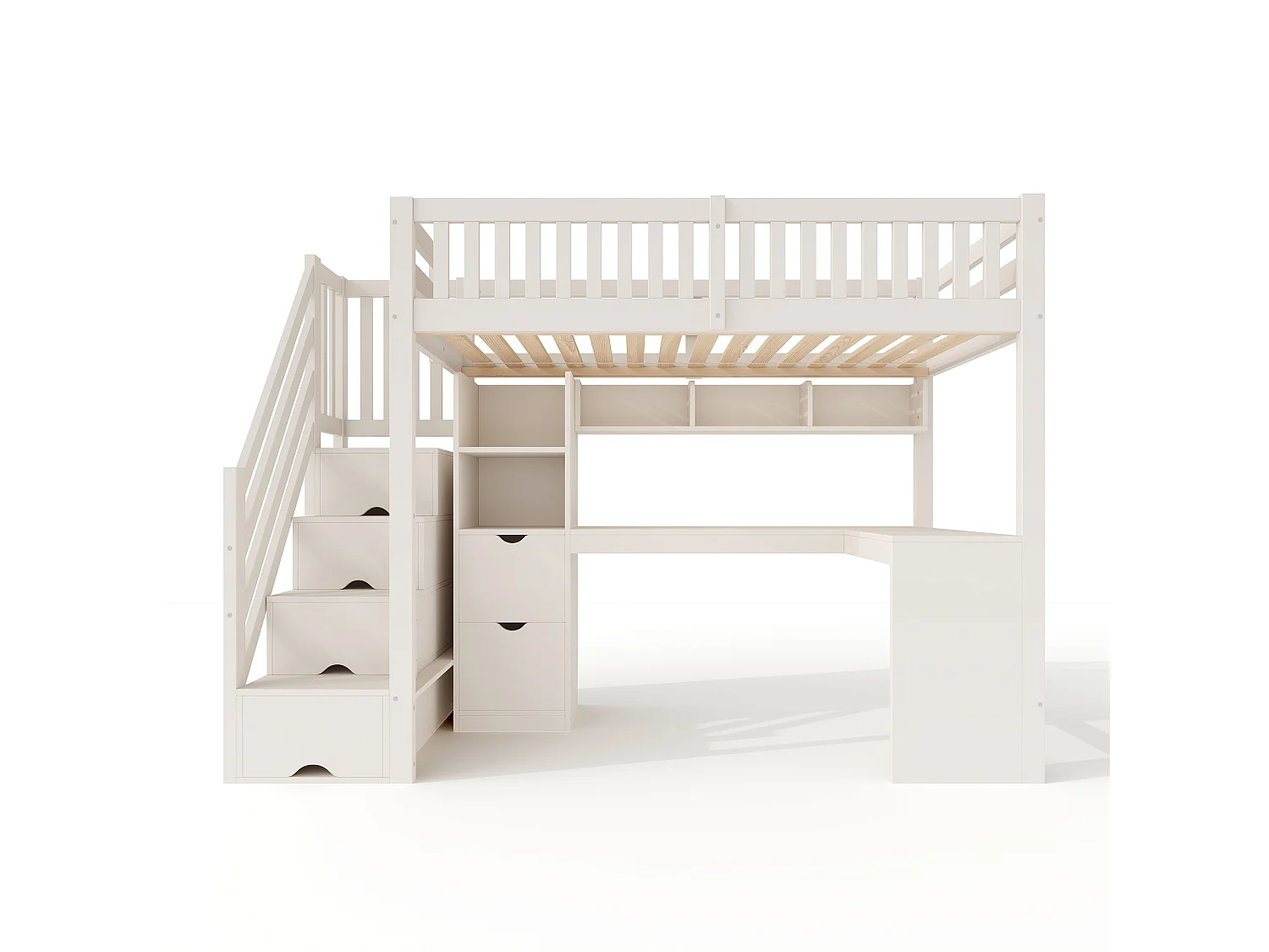 Lit mezzanine enfant 90x200 cm avec bureau d’angle, escalier de rangement et tiroirs - Blanc