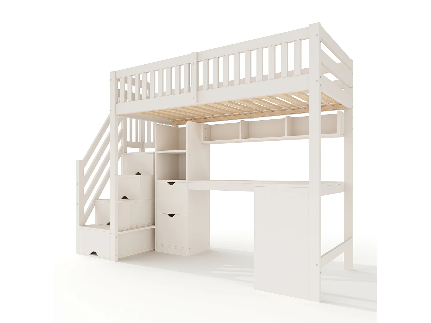 Lit mezzanine enfant 90x200 cm avec bureau d’angle, escalier de rangement et tiroirs - Blanc