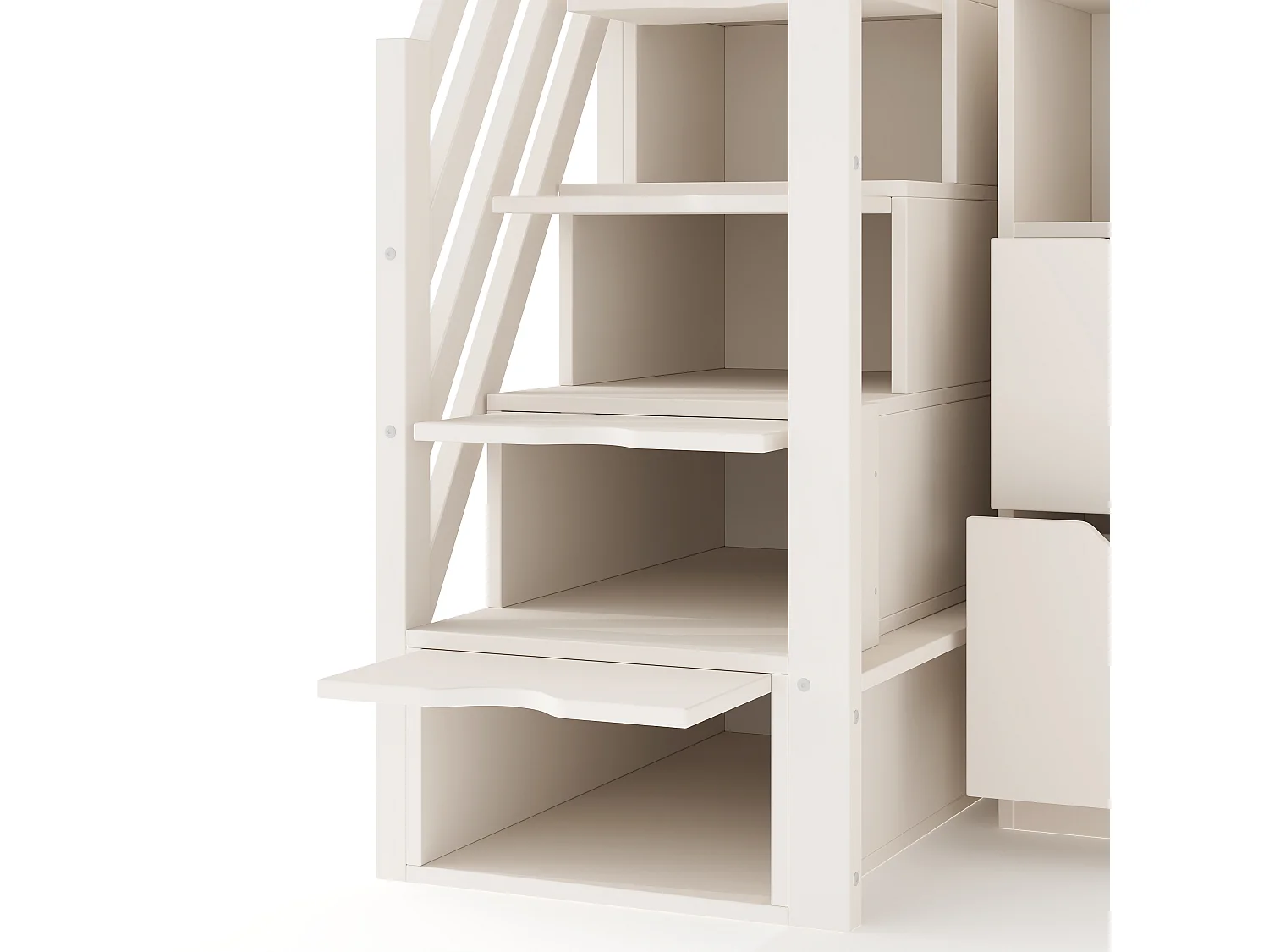Lit mezzanine enfant 90x200 cm avec bureau d’angle, escalier de rangement et tiroirs - Blanc