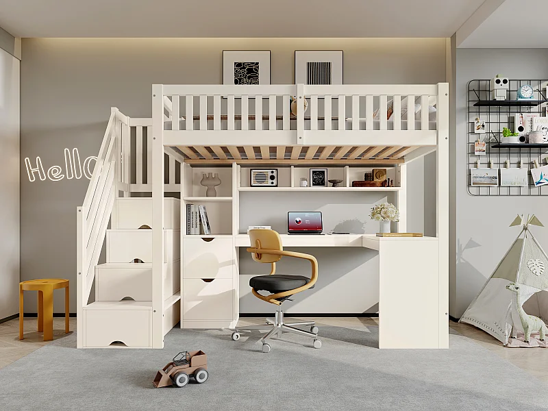 Lit mezzanine enfant 90x200 cm avec bureau d’angle, escalier de rangement et tiroirs - Blanc