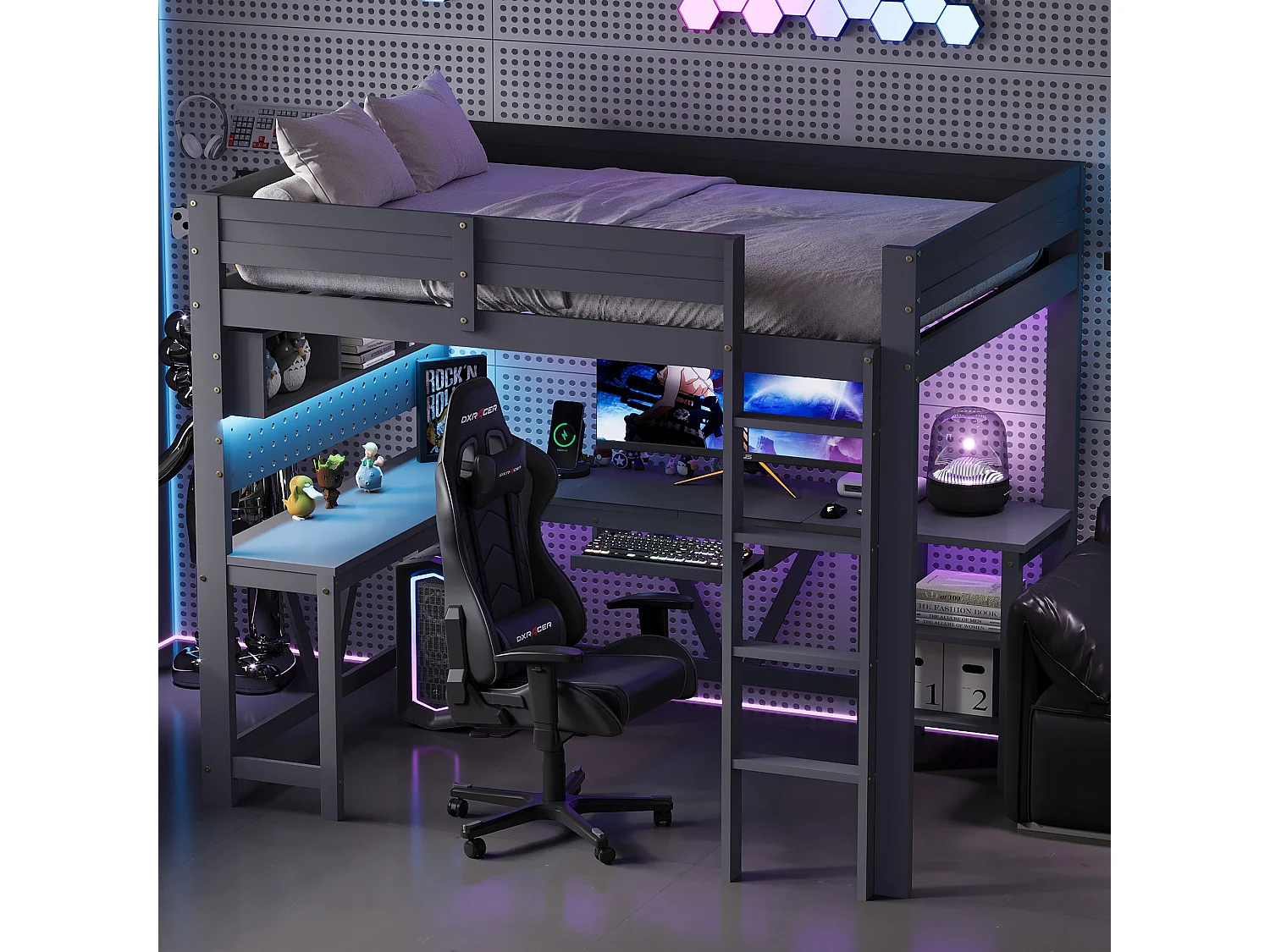 Lit mezzanine en bois 90 x 200 cm avec bureau, rangement, LED et station de recharge - Noir