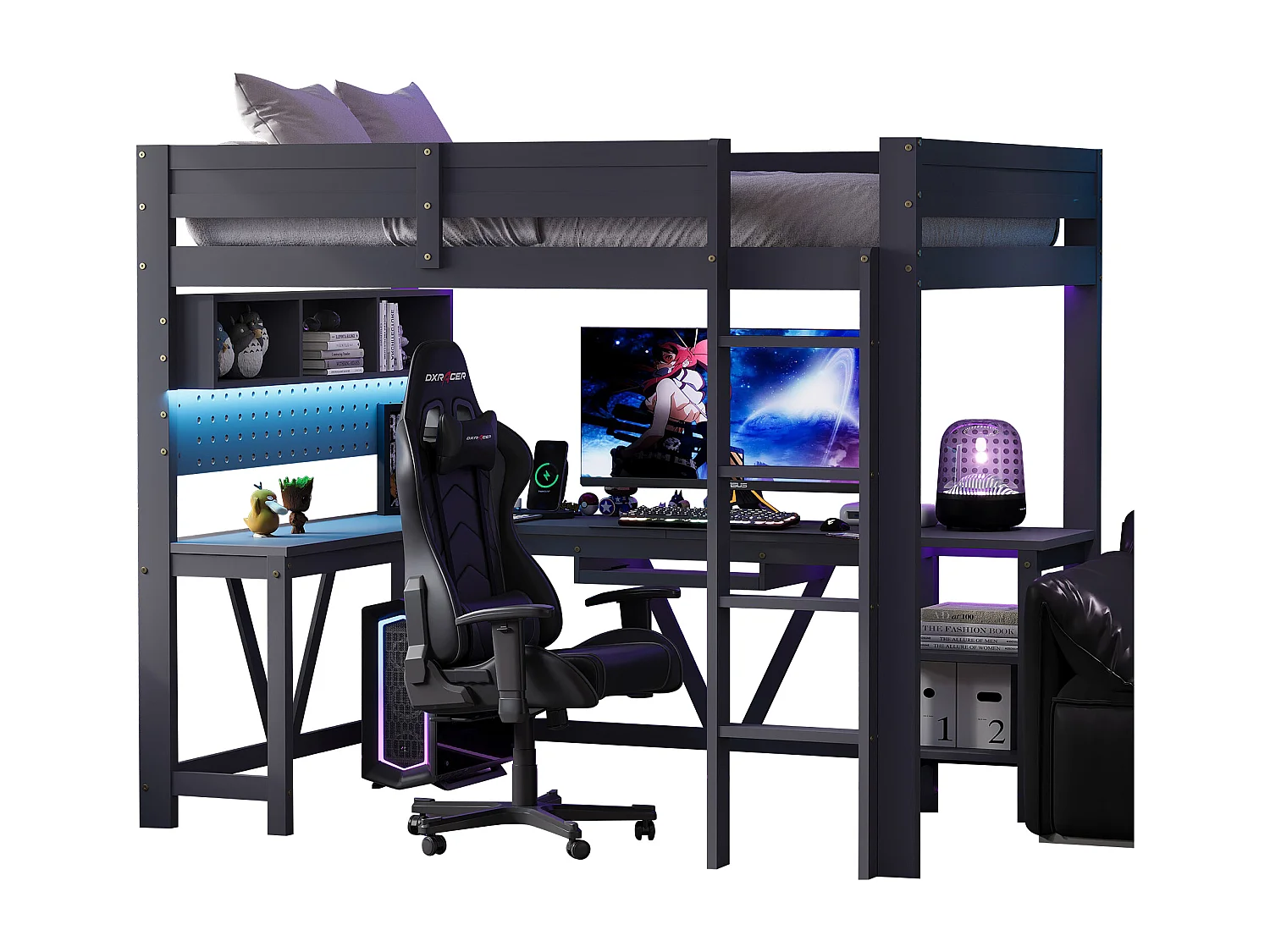 Lit mezzanine en bois 90 x 200 cm avec bureau, rangement, LED et station de recharge - Noir