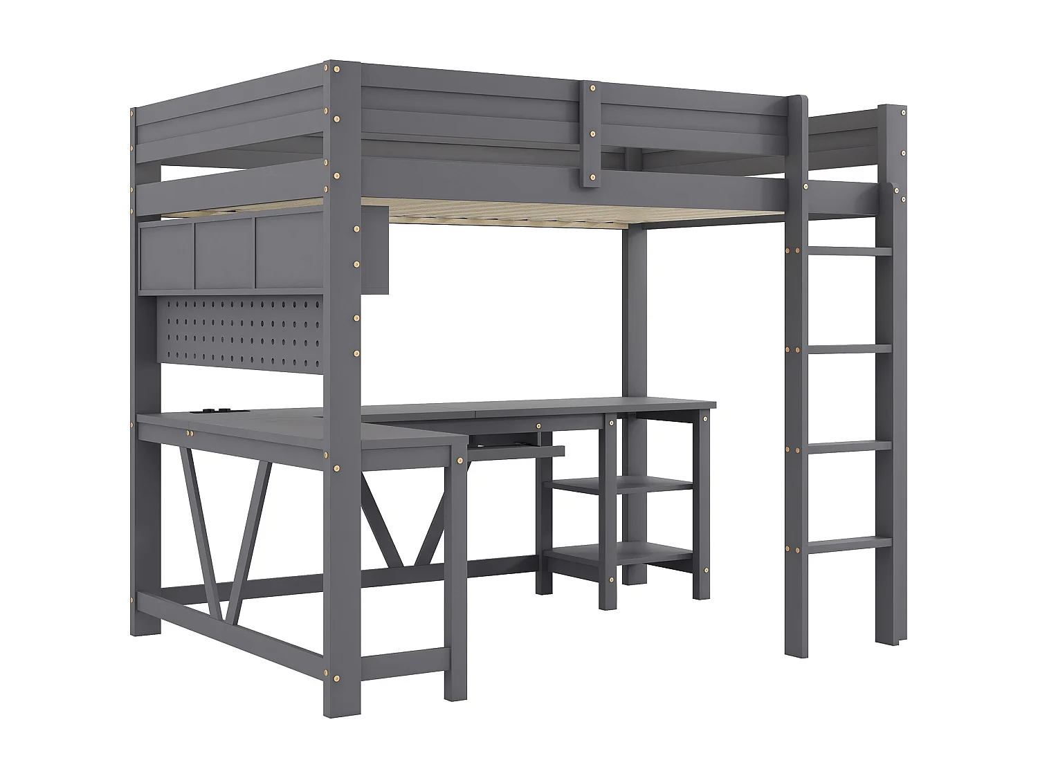 Lit mezzanine en bois 90 x 200 cm avec bureau, rangement, LED et station de recharge - Noir