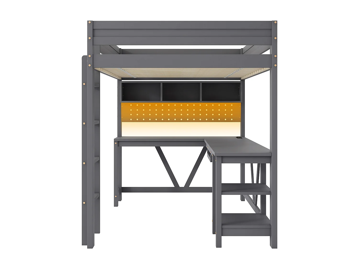 Lit mezzanine en bois 90 x 200 cm avec bureau, rangement, LED et station de recharge - Noir