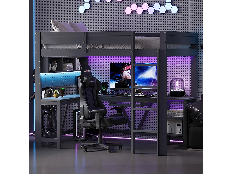 Lit mezzanine en bois 90 x 200 cm avec bureau, rangement, LED et station de recharge - Noir