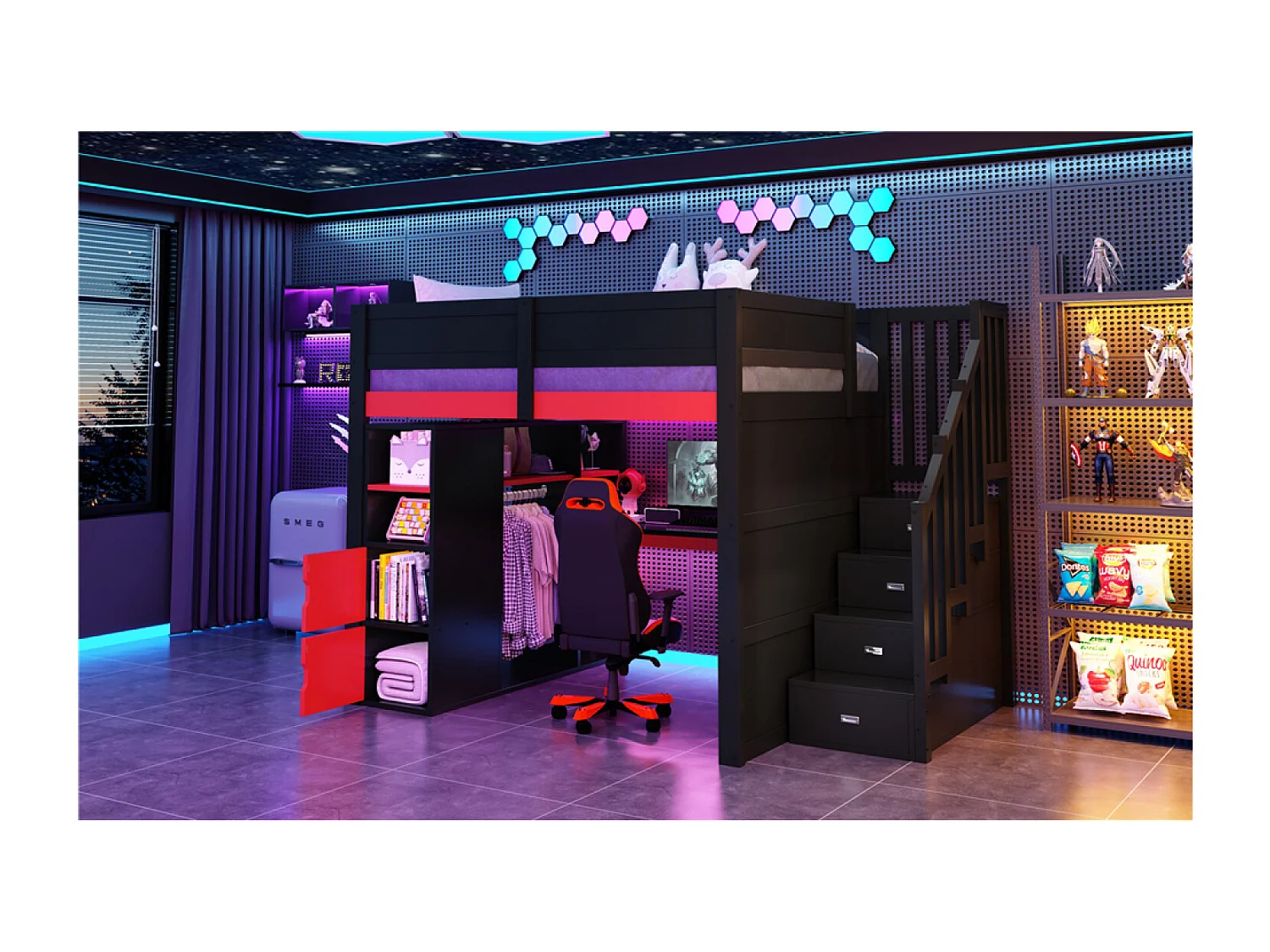 Lit mezzanine 140x200 cm noir et rouge avec bureau, penderie, ports USB et rangements - Bois en MDF