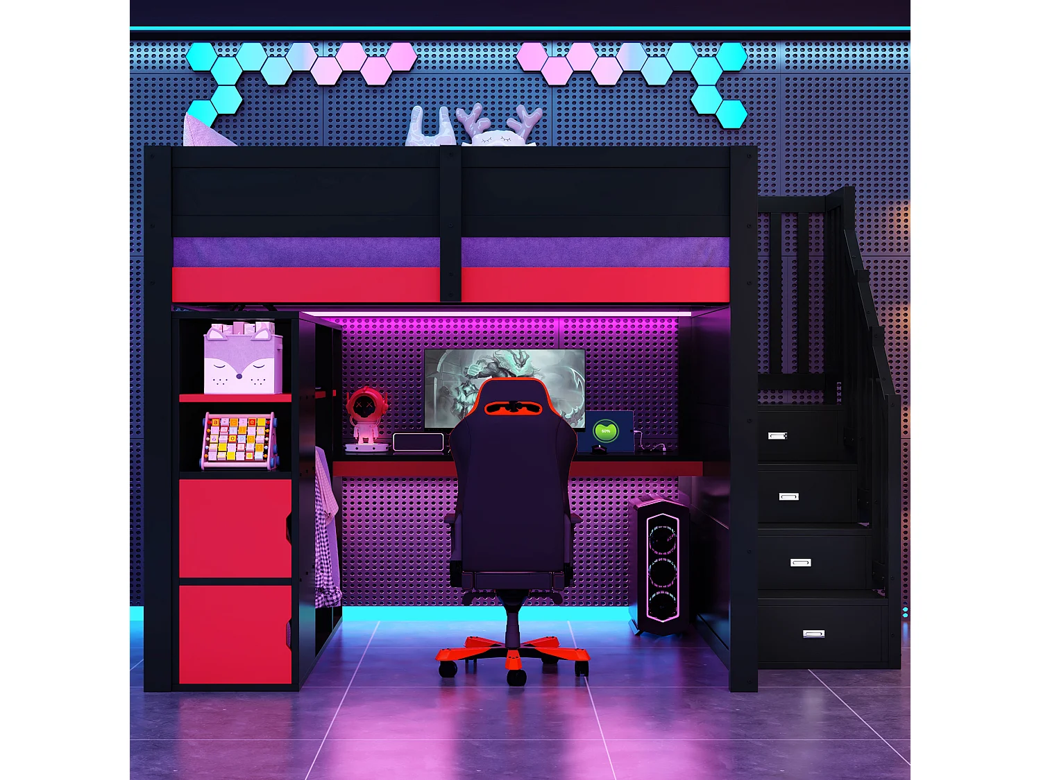 Lit mezzanine 140x200 cm noir et rouge avec bureau, penderie, ports USB et rangements - Bois en MDF