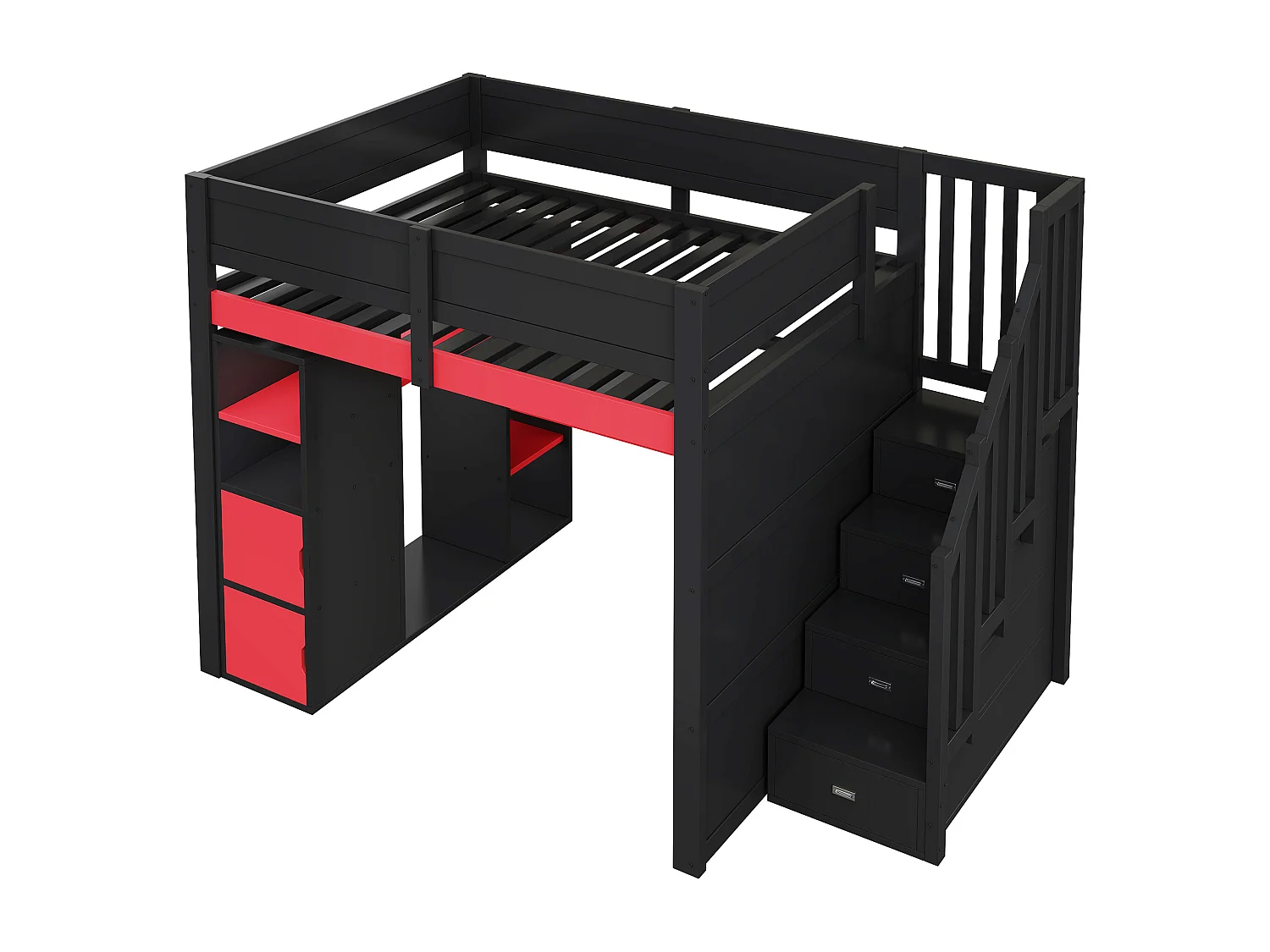 Lit mezzanine 140x200 cm noir et rouge avec bureau, penderie, ports USB et rangements - Bois en MDF