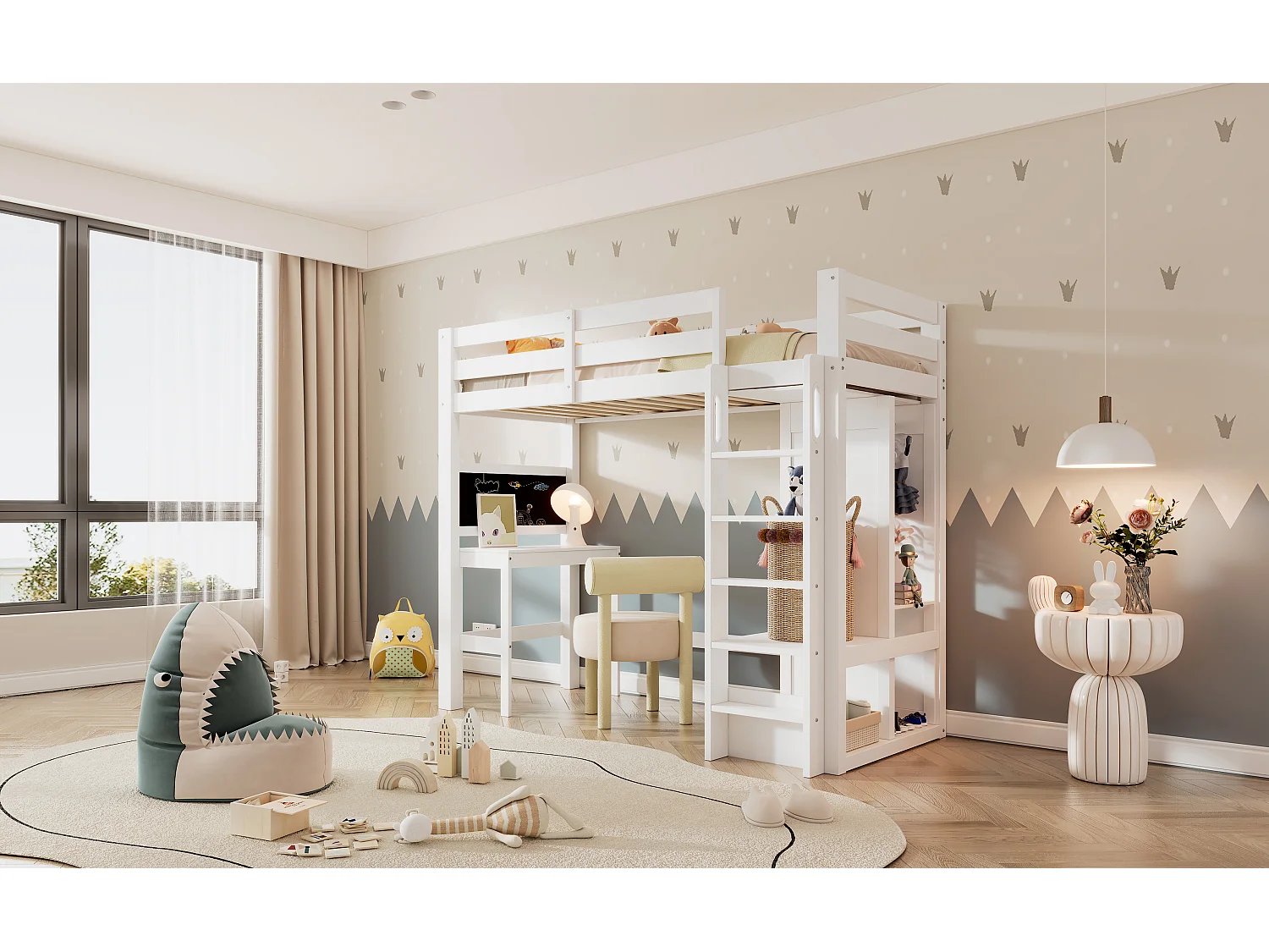 Lit mezzanine enfant 90x200 cm avec bureau , penderie ouverte et étagères - Bois blanc